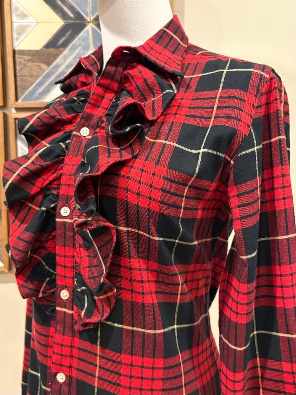 Vintage Ralph Lauren Red and Black Plaid Flannel Cotton Button-Up Ruffle Top 6 - Picture 4 of 11